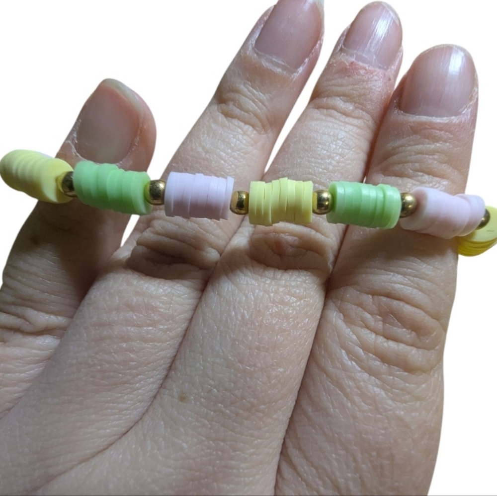 Handmade Clay Beaded Bracelet Stretchy Yellow  Hand Crafted